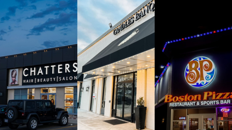 Three images of commercial buildings lit up with Gemstone Lights LED lights.