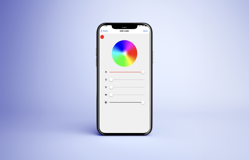 Gemstone lights app open on the Static page showing a colour wheel and sliders for Red, green, blue, white and brightness settings.